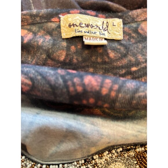 One World Black & Brown BOHO Top Shirt Beaded Design on Neck Size Large - Picture 7 of 8